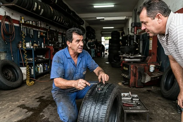 Mecânico demonstrando o conserto de pneus para um cliente em borracharia.