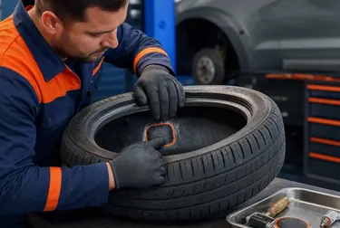 Mecânico realizando o conserto de um pneu em ambiente de borracharia.