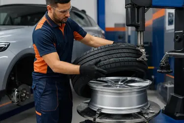 Profissional realizando a troca de pneus em um carro em borracharia.