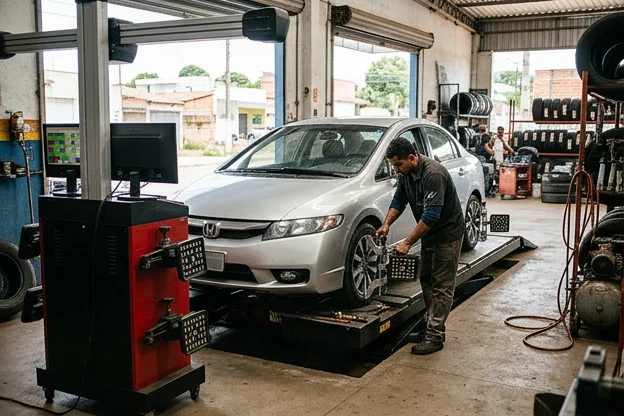 Profissional realizando alinhamento de rodas em um carro de borracharia.